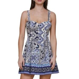 Avec Les Files | Sweetheart neckline Stretch Cotton Mini Dress Barcelona Tile